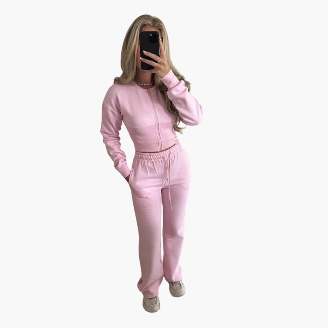 Women's two-piece sports set cropped zip-up jacket elastic waist pants athletic coordinated outfit