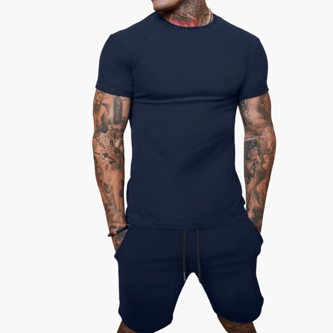 Men's gray short-sleeve sports set with elastic waistband shorts and matching coordinated top