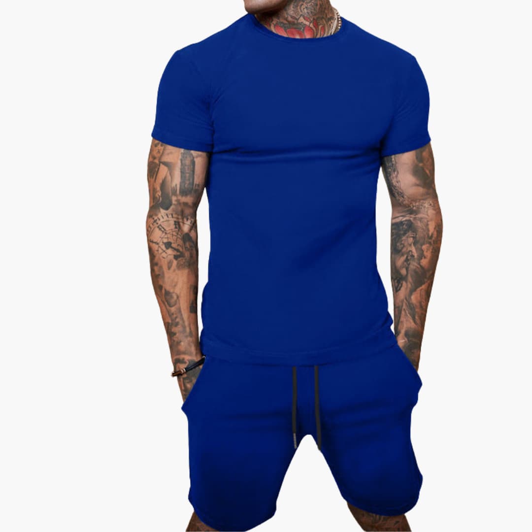Men's gray short-sleeve sports set with elastic waistband shorts and matching coordinated two-piece top