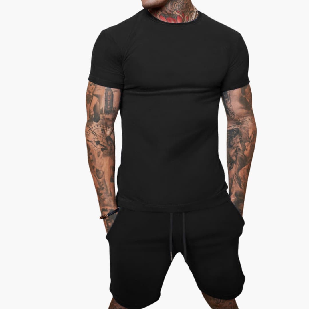 Men's gray short-sleeve sports set with elastic waistband shorts and matching coordinated top