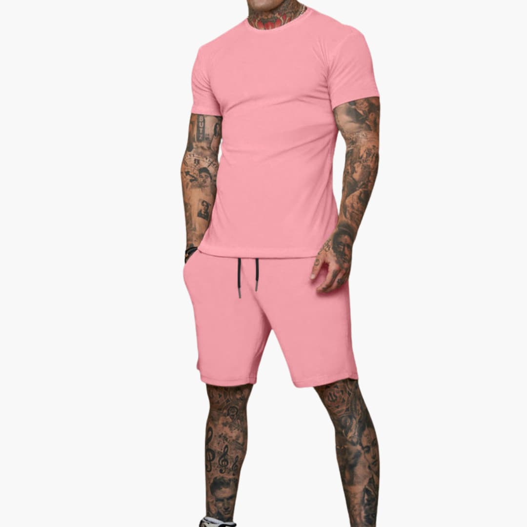 Men's gray short-sleeve sports set with elastic waistband shorts and matching coordinated top