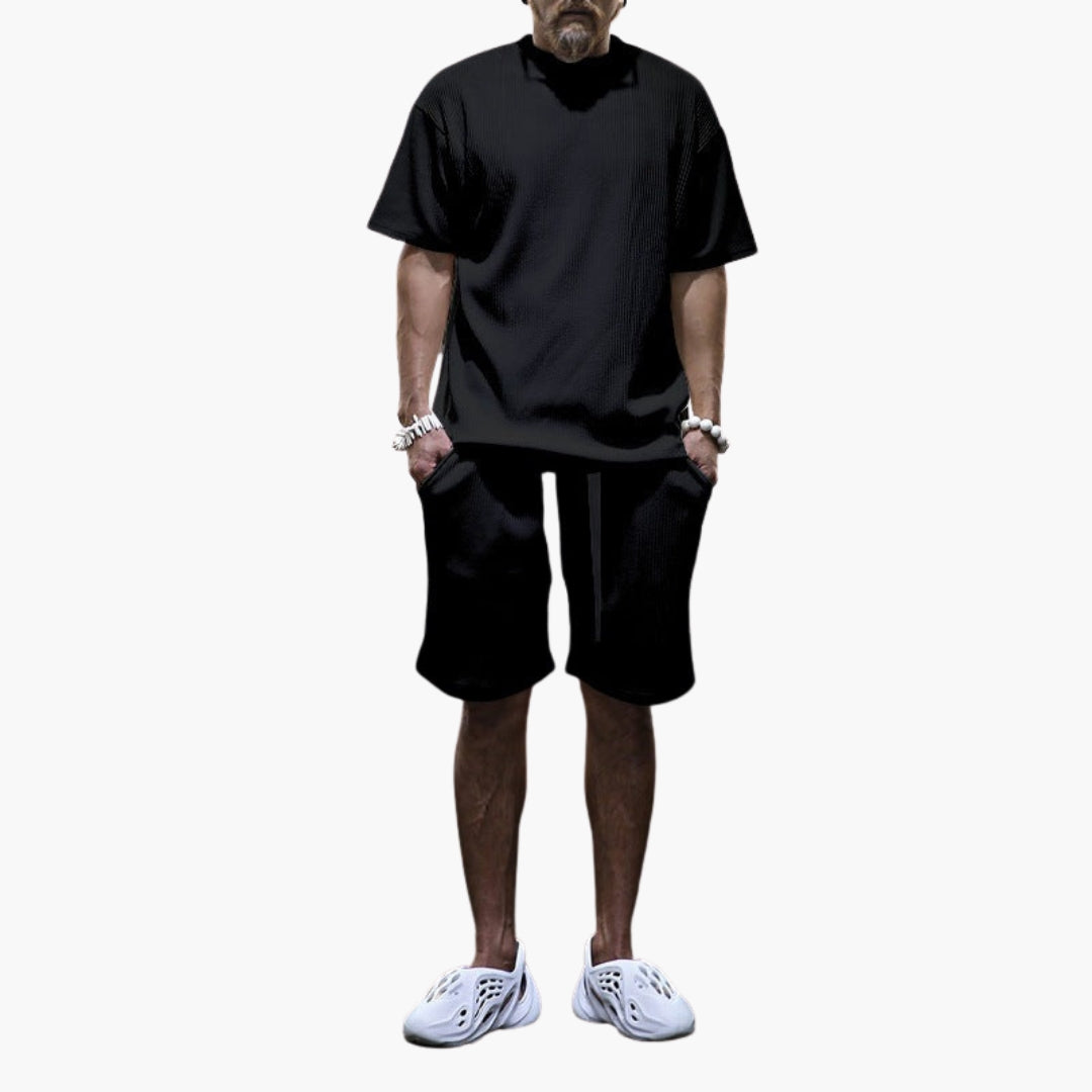 Men's textured ribbed athletic set gray loose fit shorts with drawstring coordinated workout wear