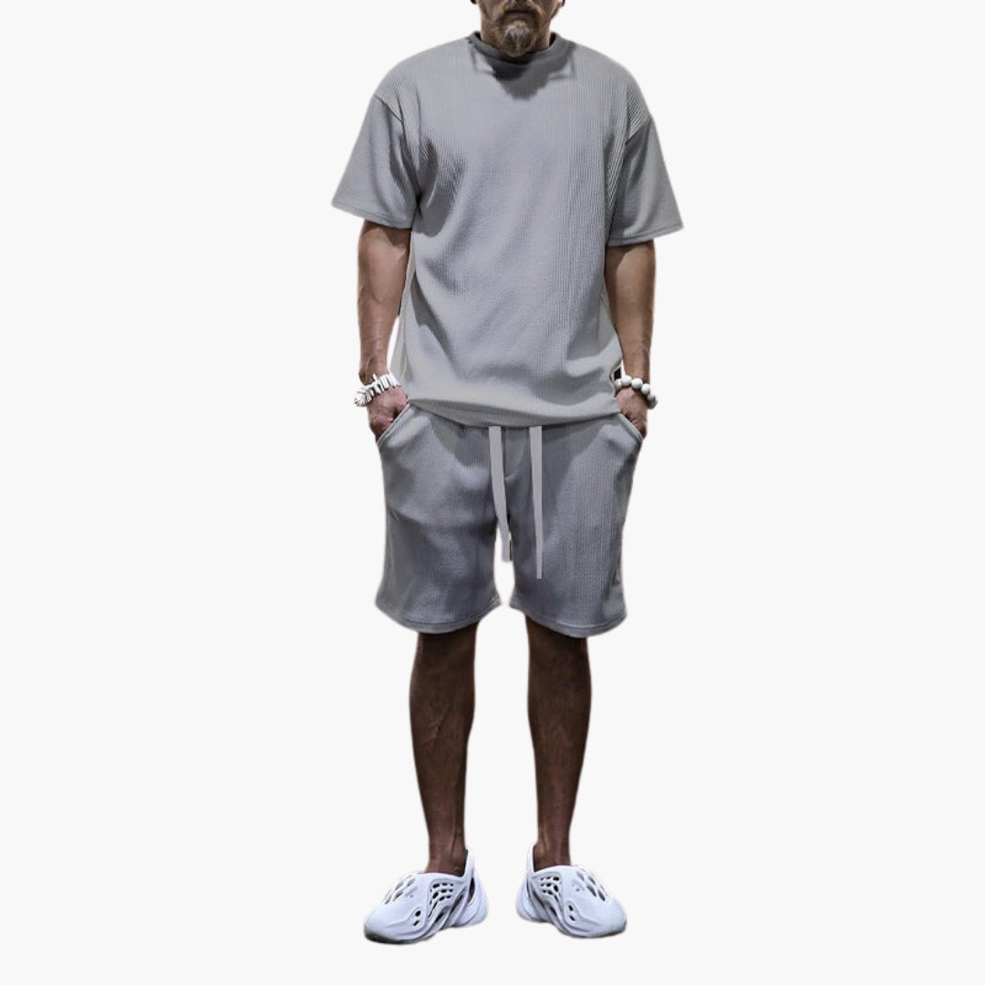 Men's textured ribbed sports set loose fit short-sleeve top matching drawstring shorts breathable athletic wear