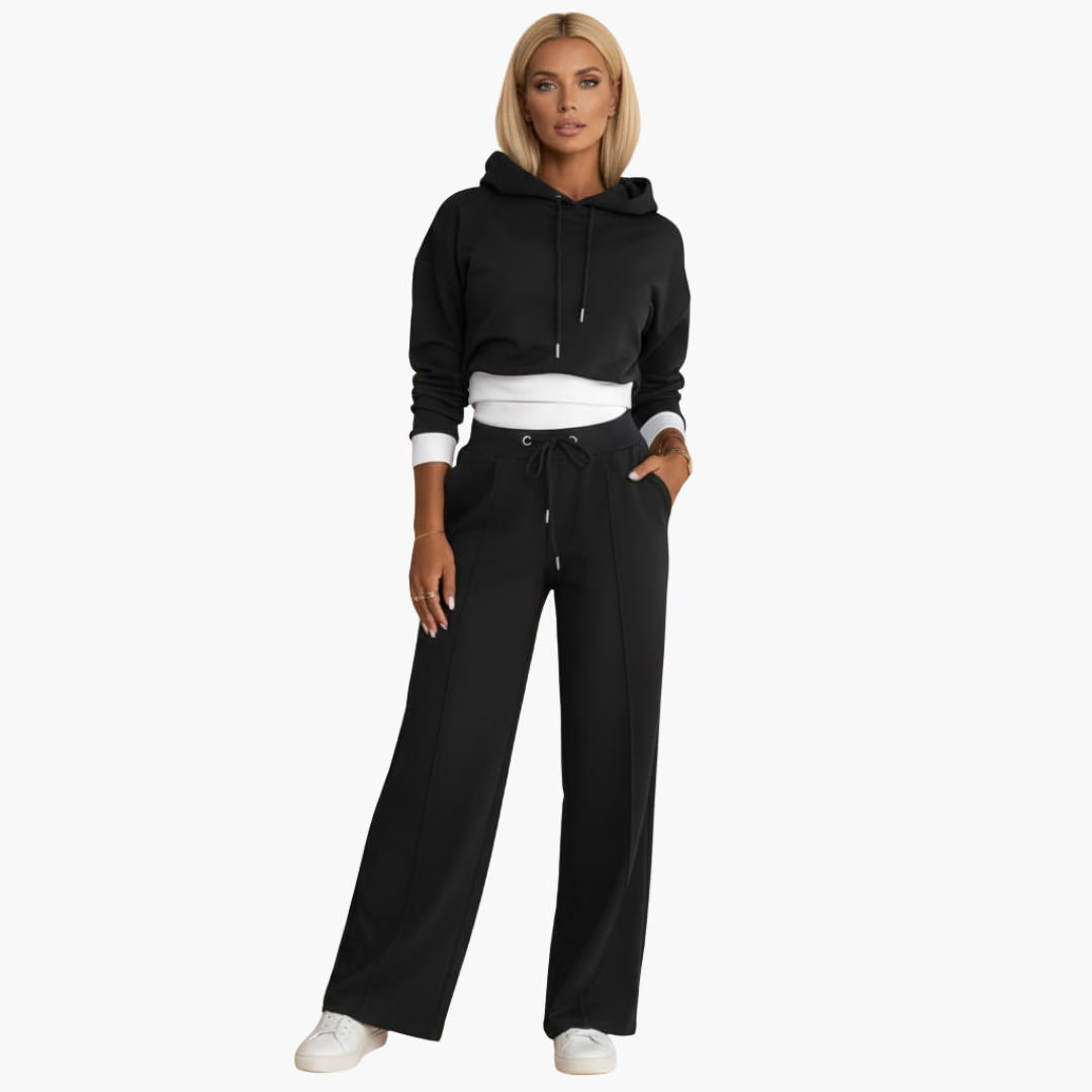 Women's two-piece tracksuit set cropped drawstring hoodie wide-leg pants athleisure casual comfort