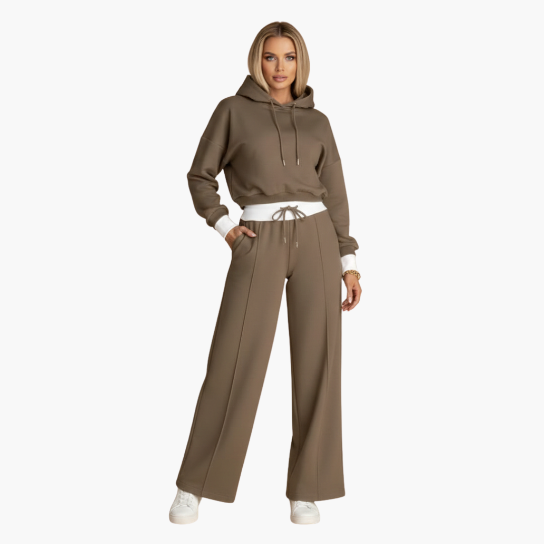 Women's two-piece tracksuit set cropped drawstring hoodie wide-leg pants athleisure casual comfort