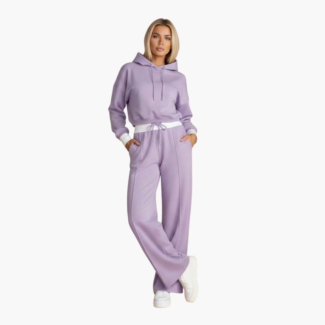 Women's two-piece tracksuit set cropped drawstring hoodie wide-leg pants athleisure casual comfort