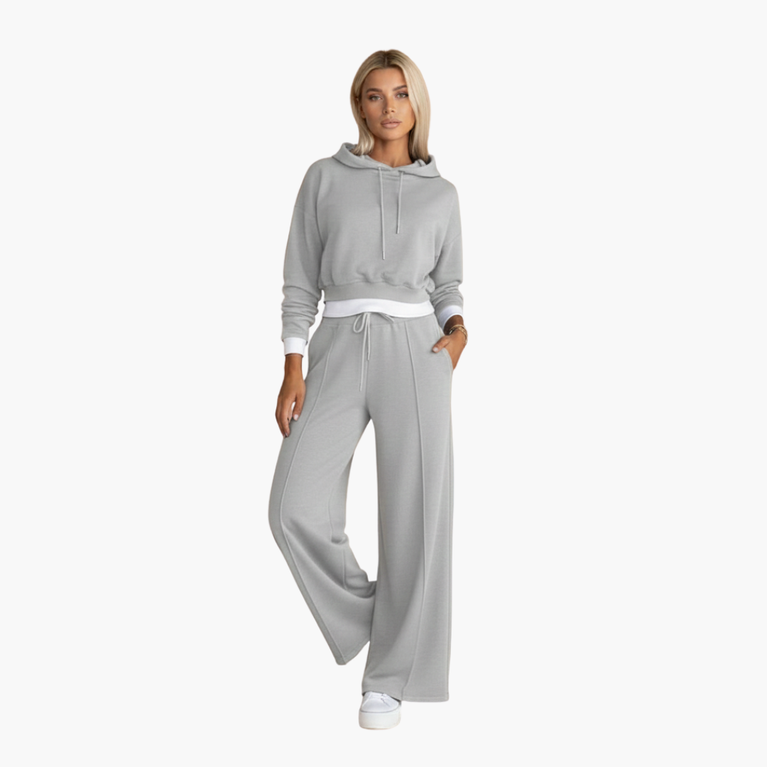 Women's two-piece tracksuit set cropped drawstring hoodie wide-leg pants athleisure casual comfort