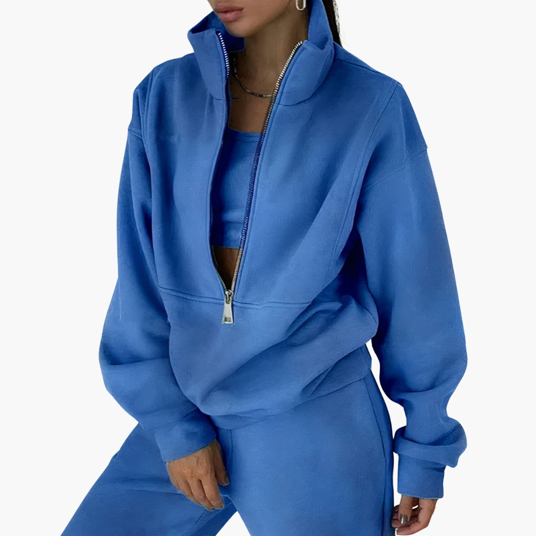 Women's two-piece tracksuit set, half-zip cropped sweatshirt and high-waist joggers, athletic style