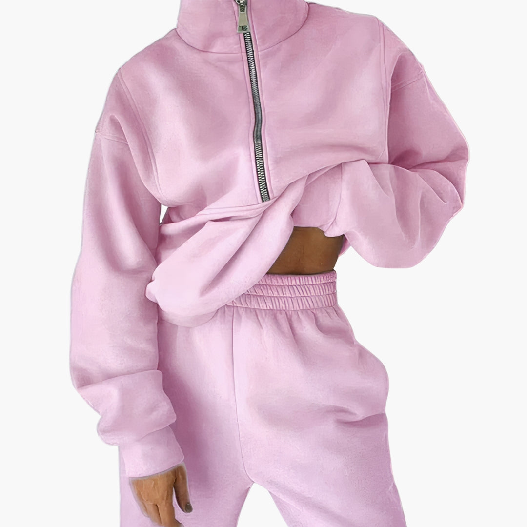 Women's two-piece tracksuit set, half-zip cropped sweatshirt and high-waist joggers, casual athletic style