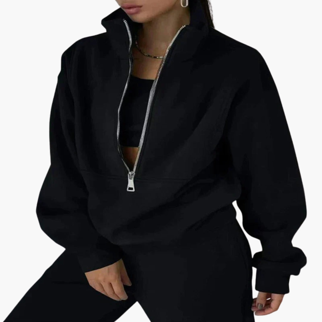 Women's two-piece tracksuit set, half-zip cropped sweatshirt and high-waist joggers, sporty casual style