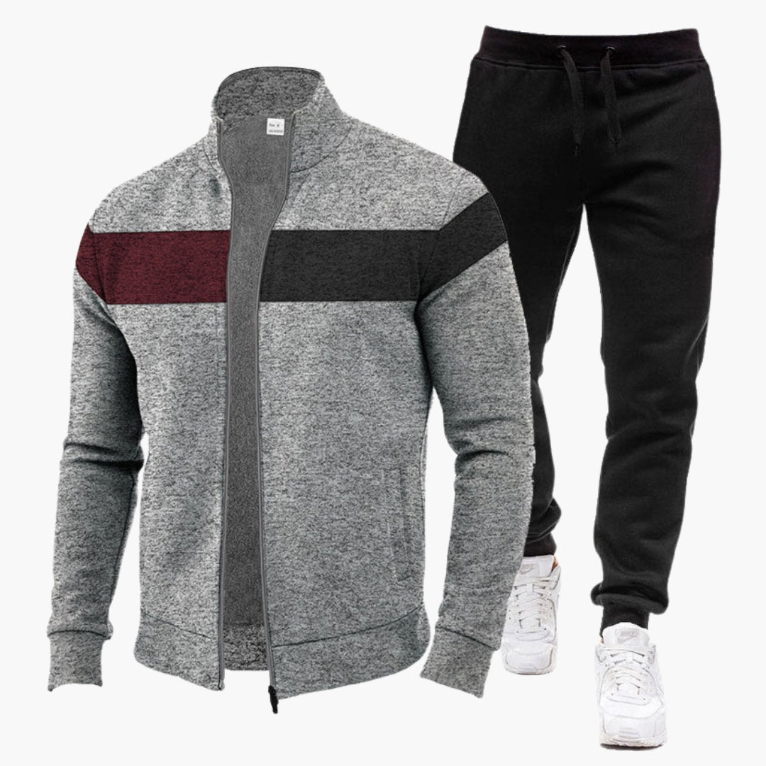 Men's color block zip-up tracksuit set with high collar sweatshirt and matching jogger pants