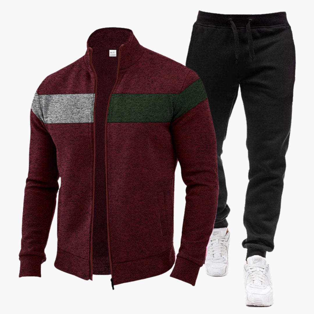 Men's zip-up high-collar tracksuit set with color block joggers, athletic slim fit