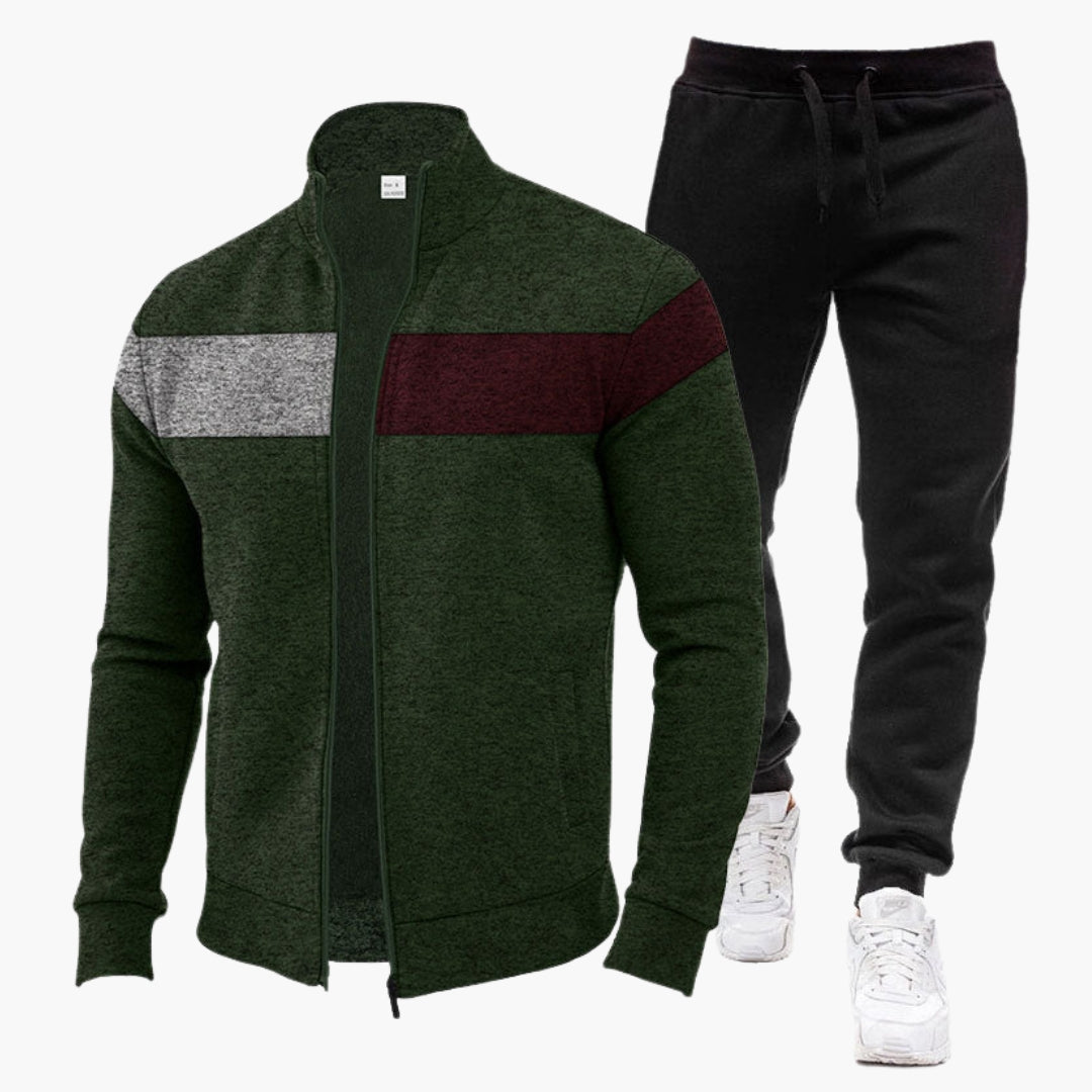 Men's zip-up high-collar tracksuit set with color block joggers, athletic streetwear style