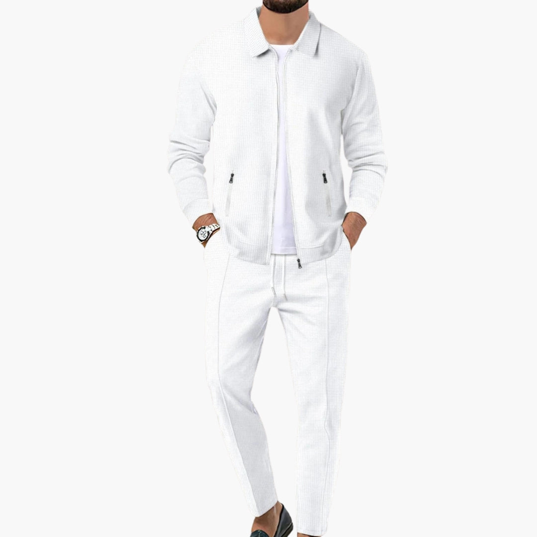 Men's gray zip-up tracksuit set with tapered pants, elastic waist, and pointed collar