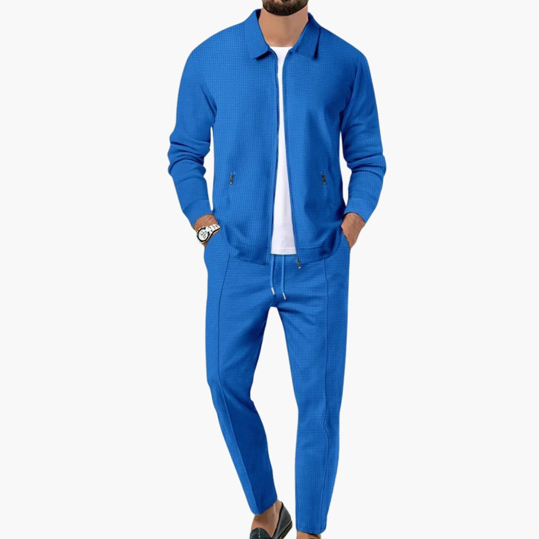 Men's gray zip-up tracksuit set with tapered pants, elastic waist drawstring and dual pockets