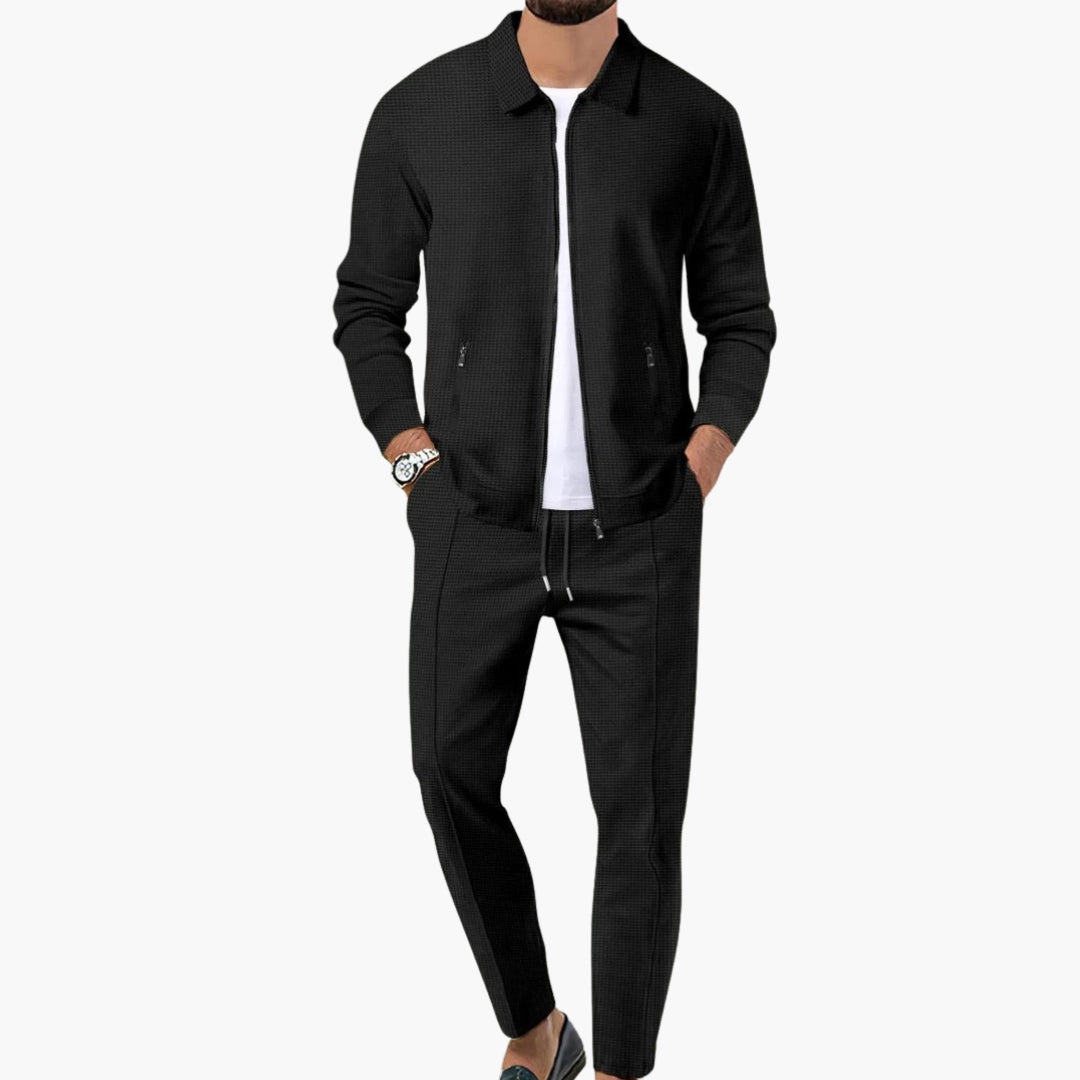 Men's gray zip-up tracksuit set with tapered pants, elastic waist drawstring and dual pockets