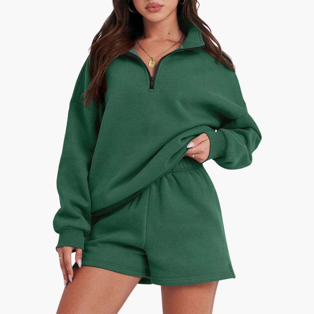Women's relaxed zip-up high collar lounge set with matching shorts, cozy casual two-piece style