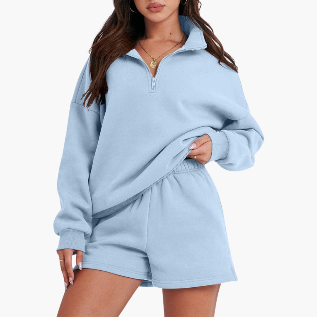 Women's relaxed zip-up high collar lounge set with matching shorts, cozy two-piece casual wear