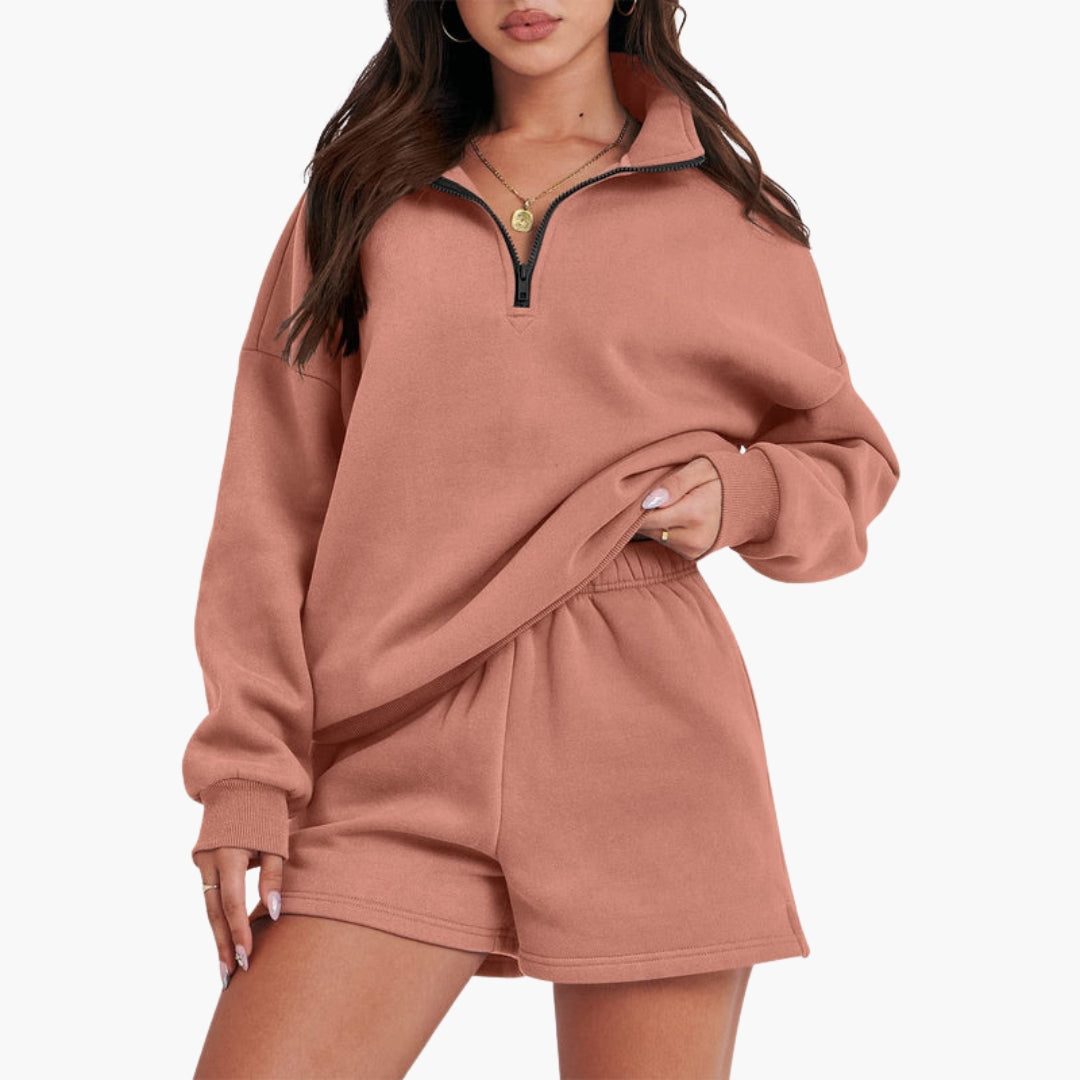 Women's relaxed beige zip-up high-collar lounge set with matching shorts, cozy two-piece casual wear