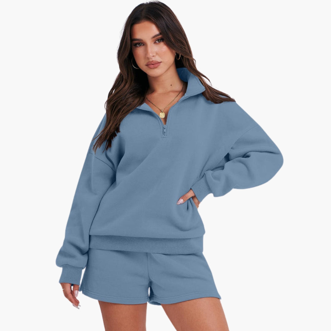 Women's relaxed zip-up high collar lounge set with matching shorts, casual two-piece cozy style