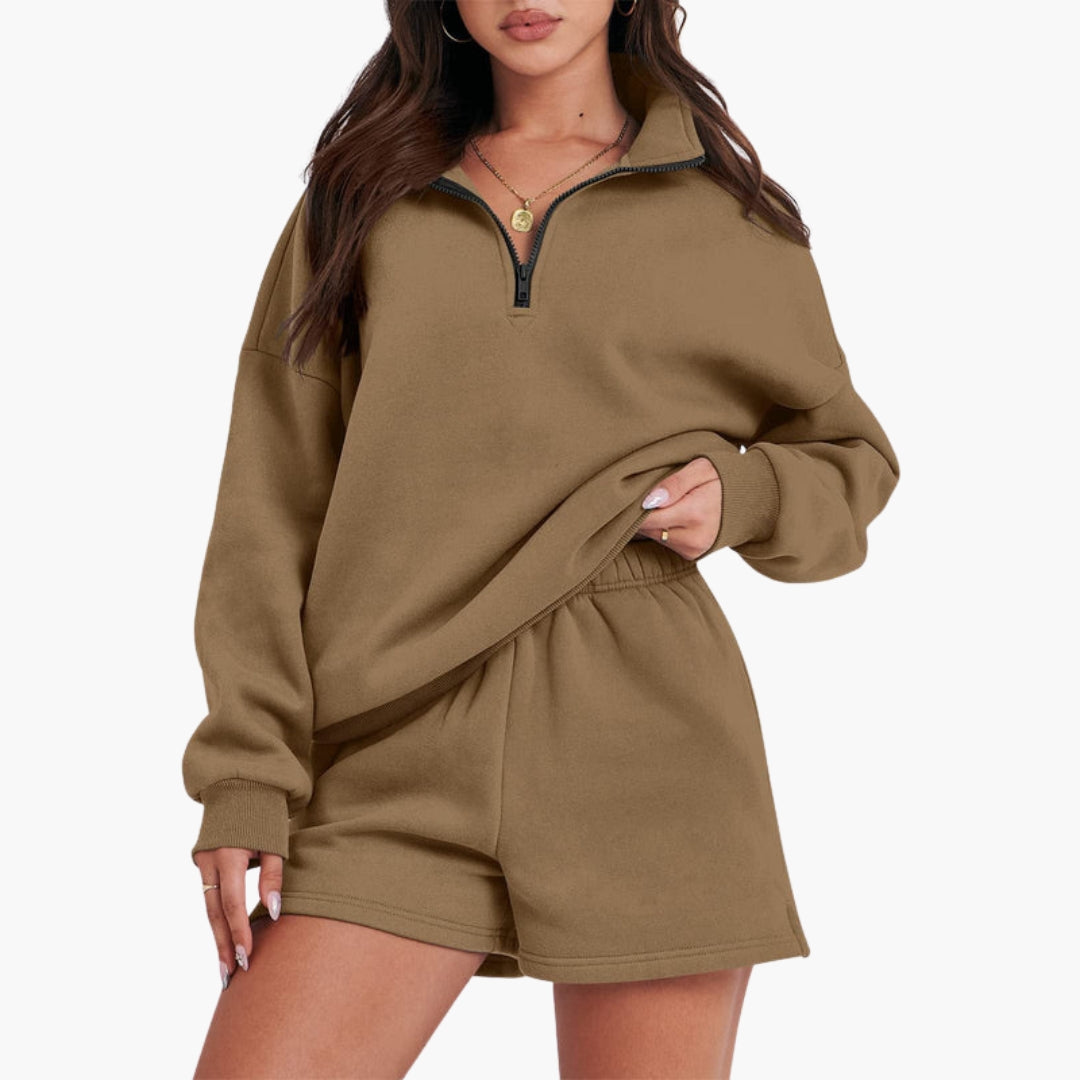 Women's relaxed zip-up high collar lounge set with matching shorts cozy two-piece casual wear