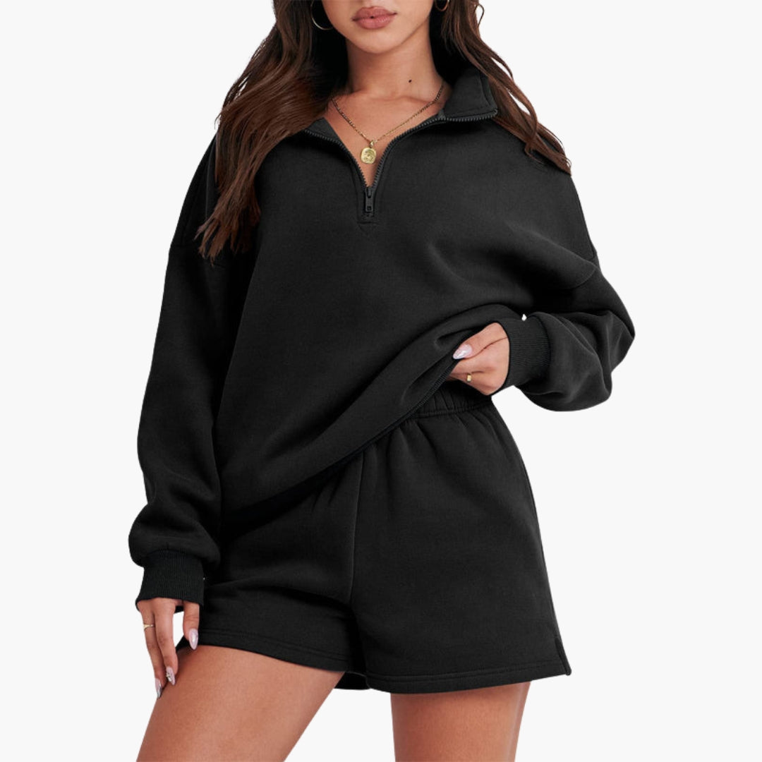 Women's relaxed zip-up high collar lounge set with shorts, casual two-piece cozy weekend wear
