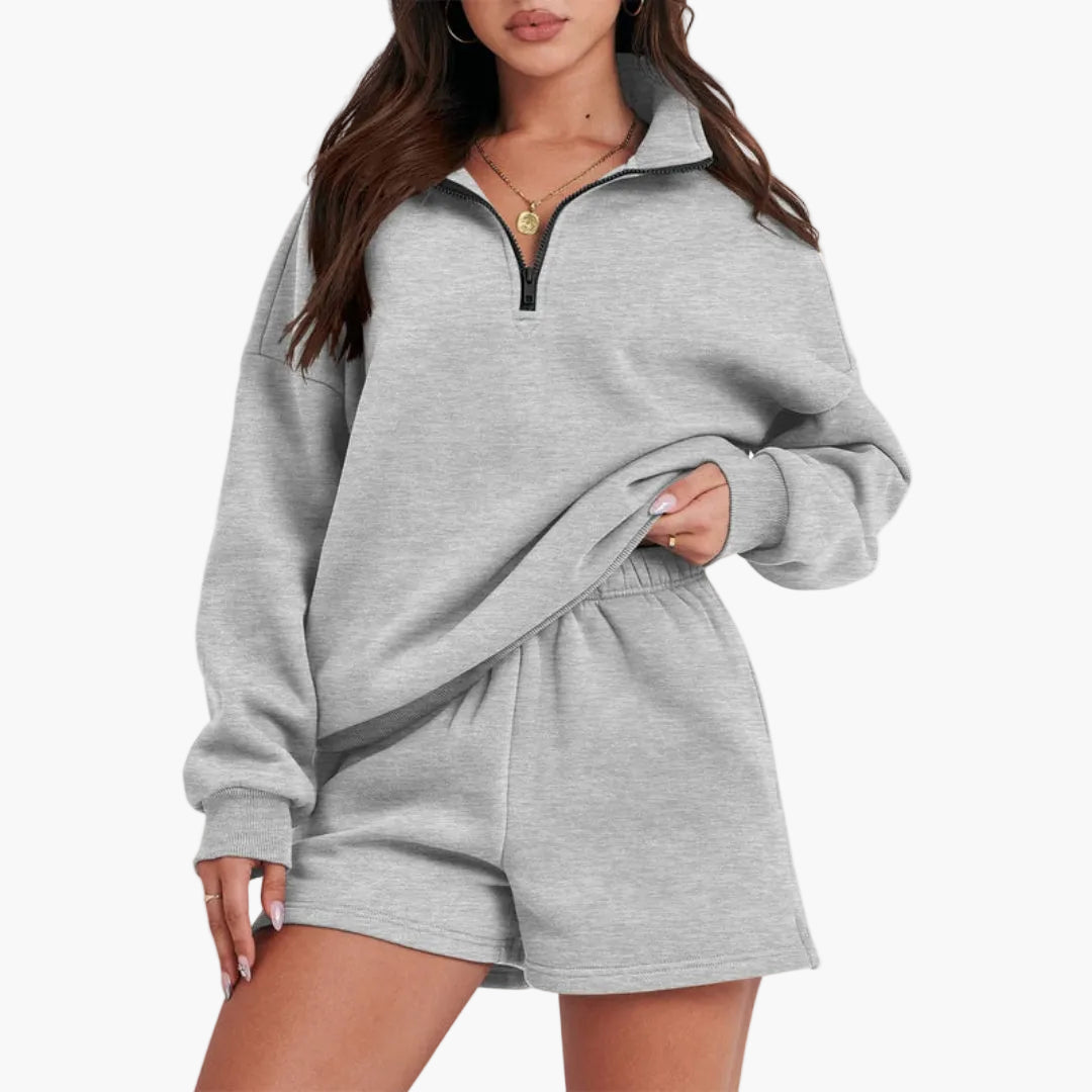 Women's relaxed navy zip-up high collar lounge set with matching shorts, cozy two-piece casual wear
