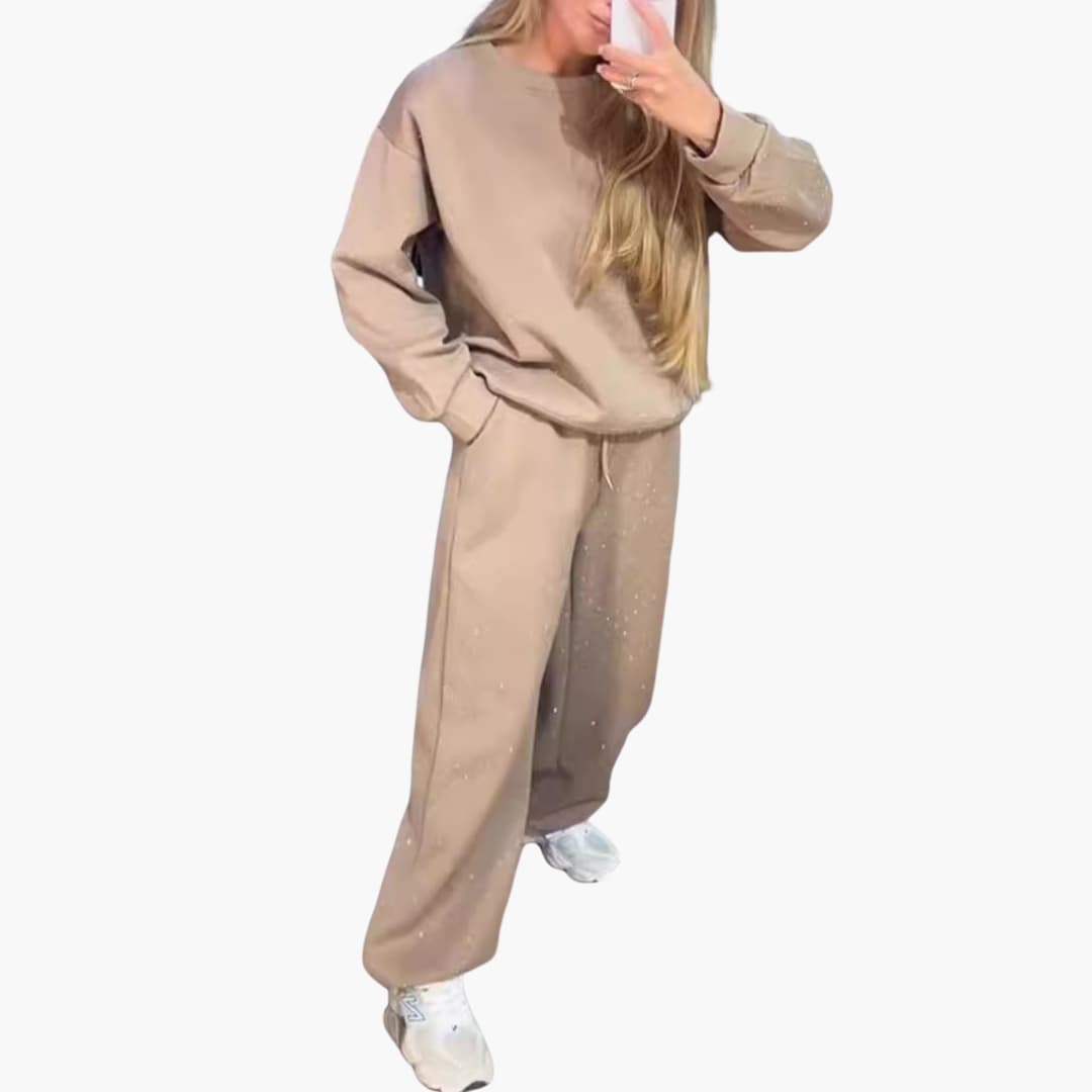 Women's glitter two-piece set round neckline top elastic waist pants effortless chic coordinated outfit