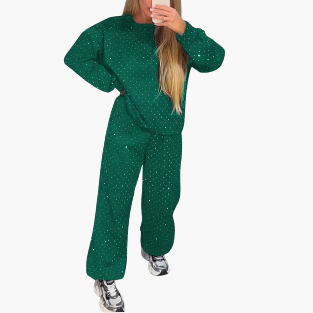 Women's glitter two-piece set round neckline top elastic waist pants chic coordinated outfit