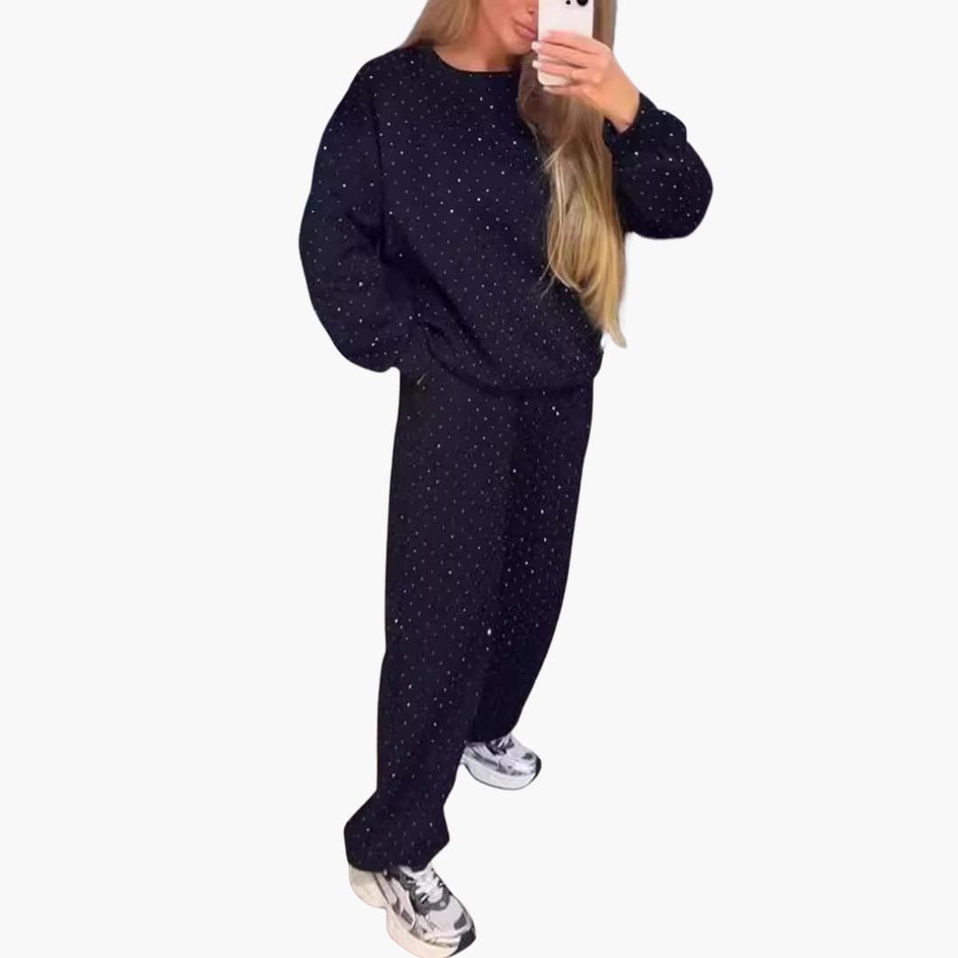Women's glitter two-piece set round neckline top elastic waist pants effortless chic coordinated outfit