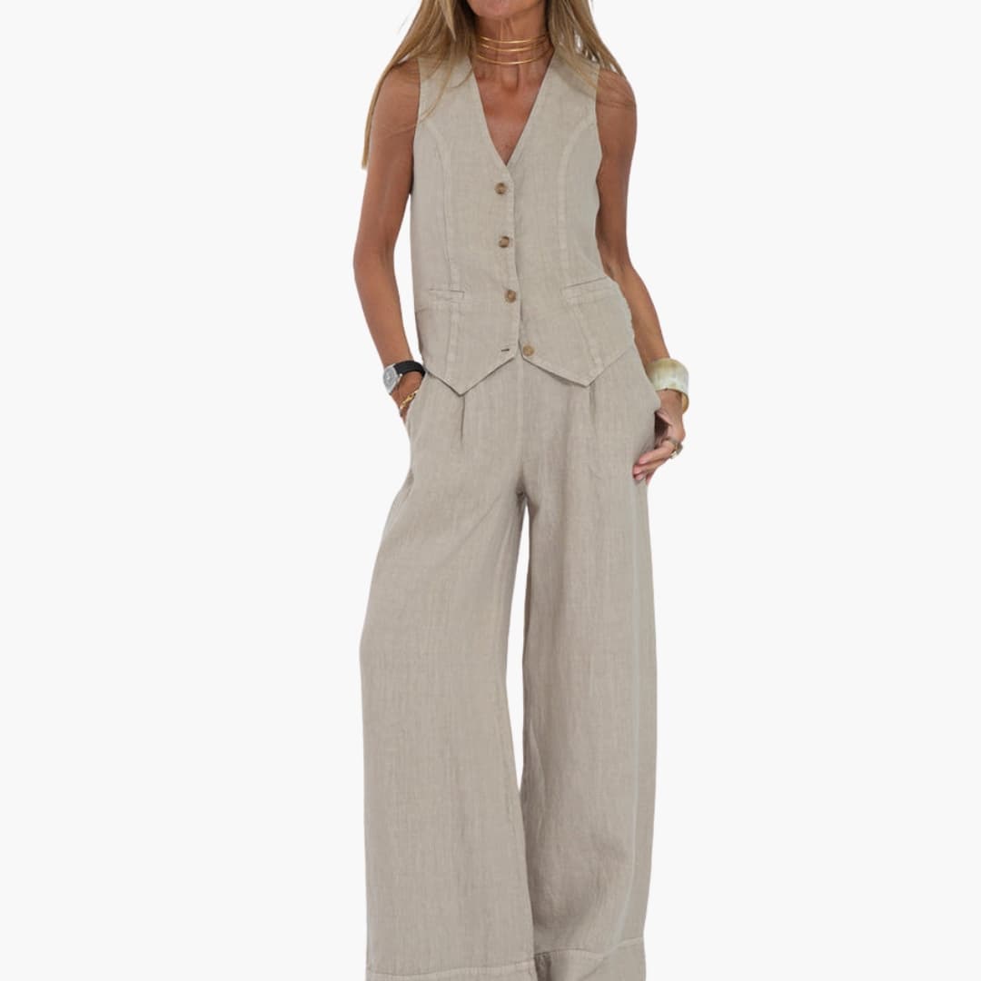 Women's linen vest wide-leg pants set V-neck button closure pockets elegant summer two-piece