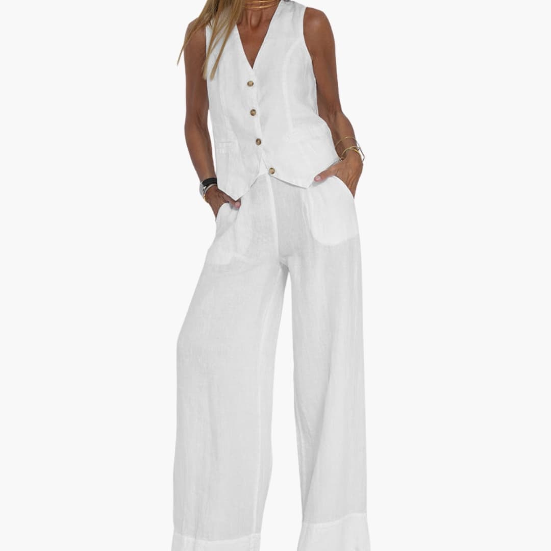 Women's sleeveless V-neck vest wide leg pants set button closure pockets summer two-piece