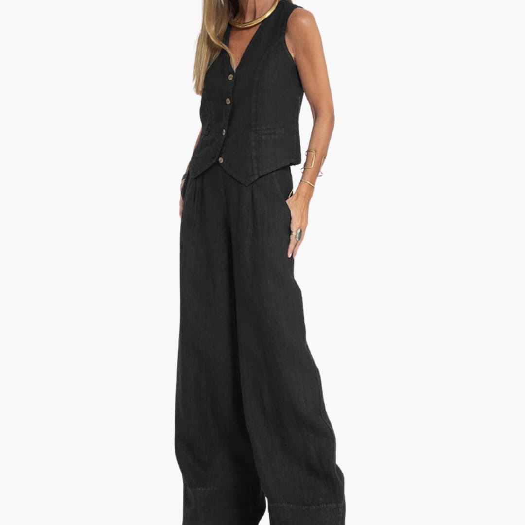 Women's sleeveless V-neck vest wide leg pants set button closure pockets summer two-piece