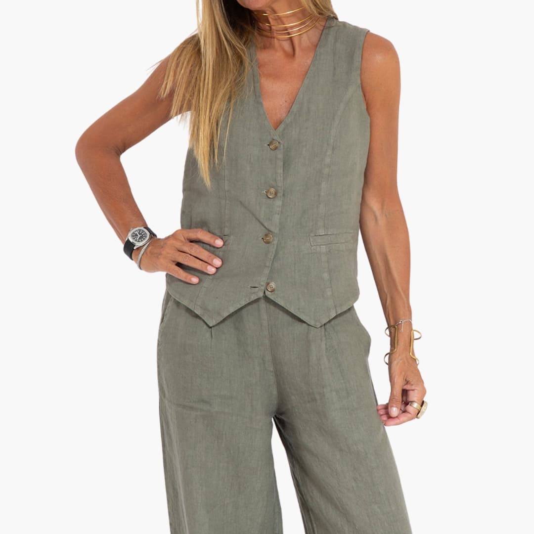 Women's sleeveless V-neck vest wide leg pants set button closure pockets summer two-piece
