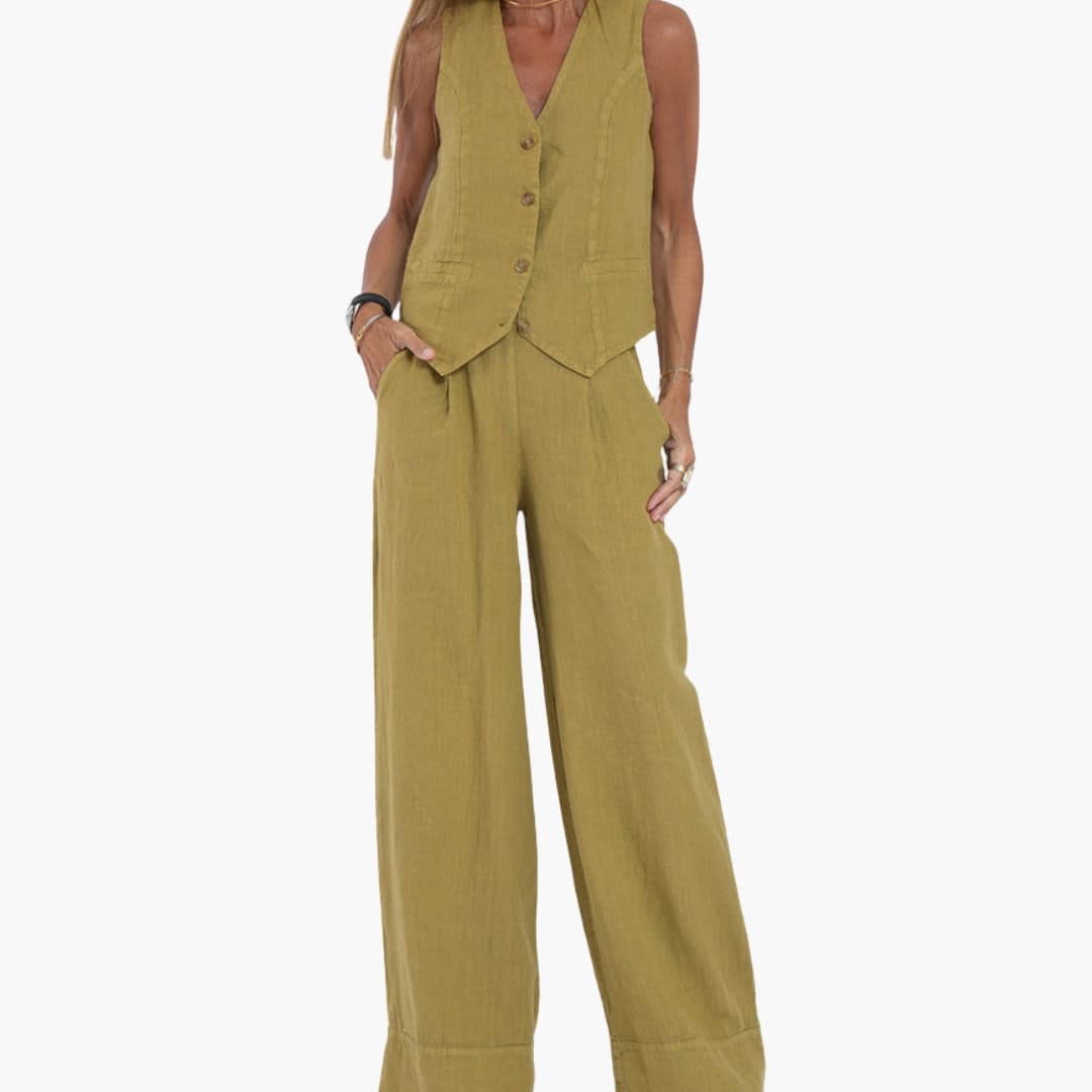 Women's sleeveless V-neck vest wide leg pants set button closure pockets summer elegant