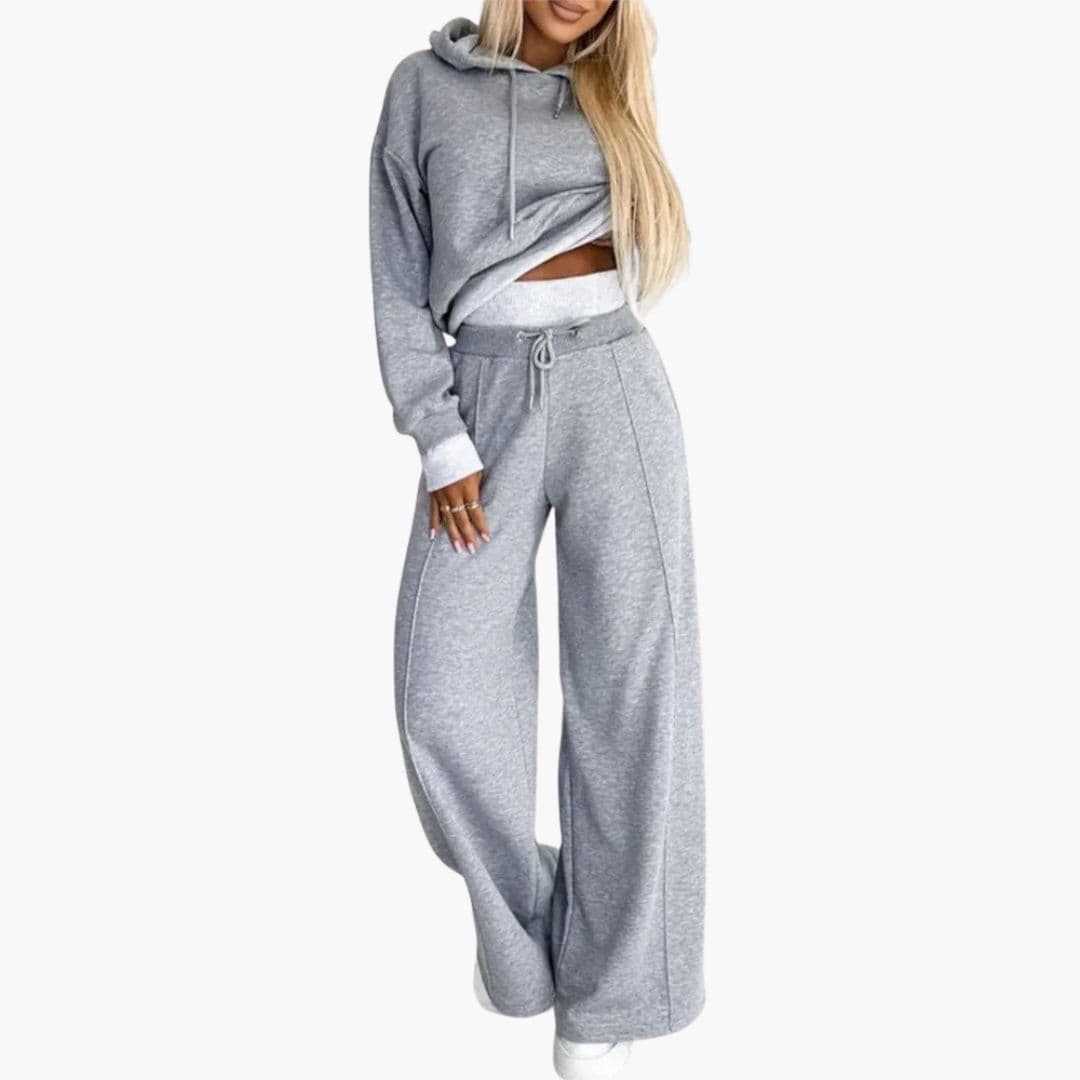 Women's gray hooded two-piece set wide leg pants drawstring waist relaxed fit pockets lounge