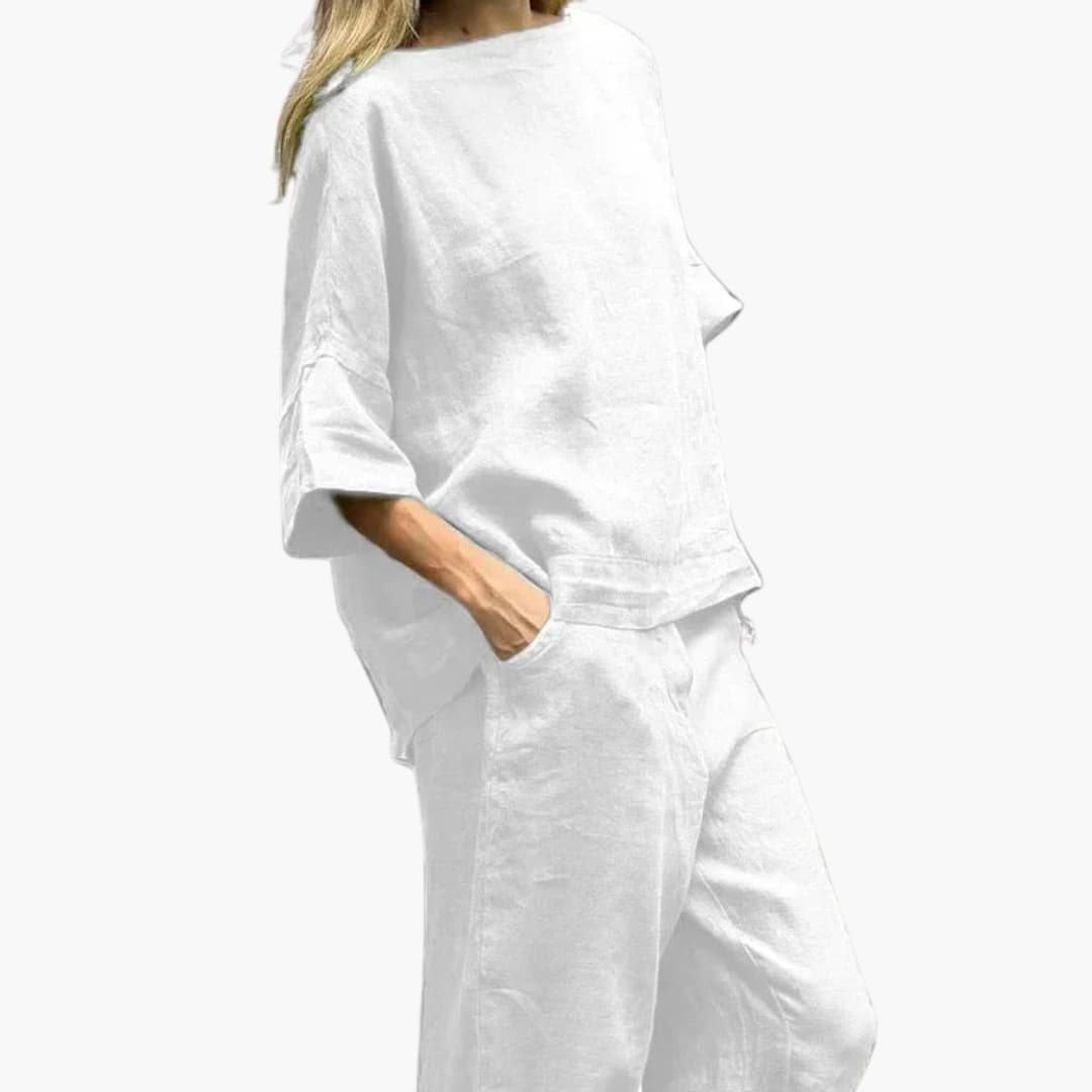 Women's two-piece set long sleeve boat neck top wide leg pants versatile dressy everyday look
