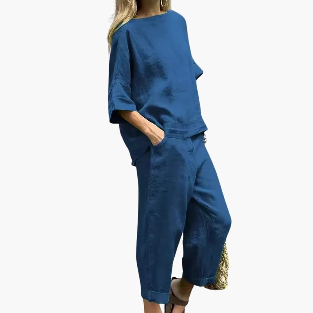 Women's textured woven two-piece set, boat neck structured top and straight pants with pockets