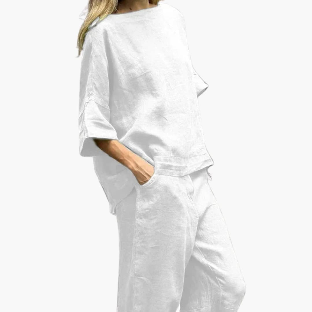 Women's structured boat neck top and straight-leg pants two-piece set, textured woven fabric with pockets