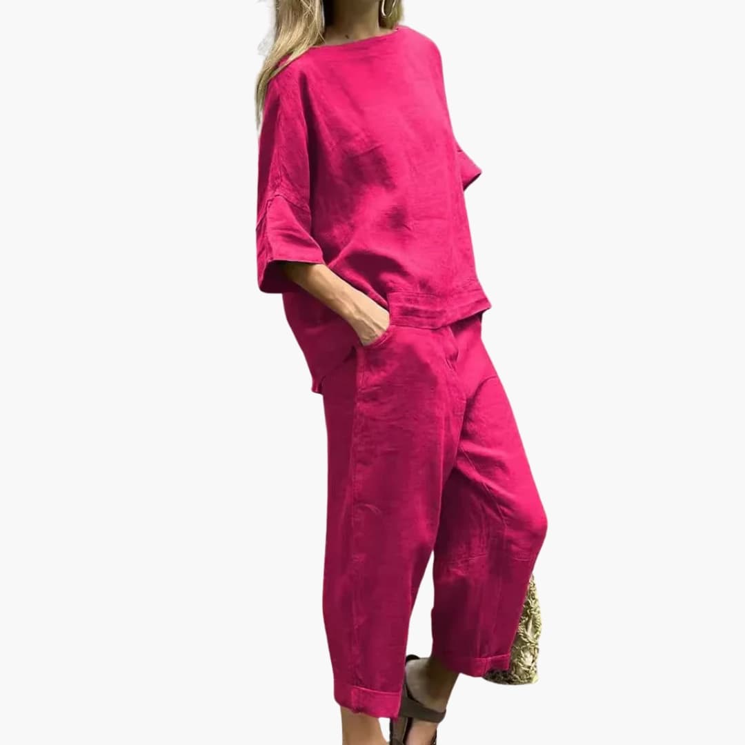 Women's textured woven two-piece set boat neck structured top straight pants with pockets summer outfit