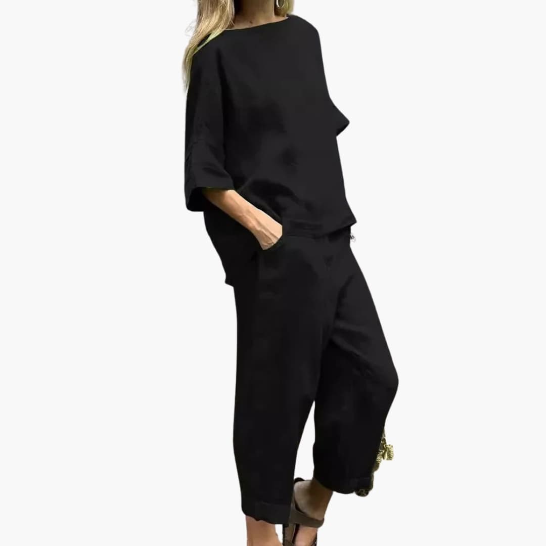 Women's textured woven two-piece set boat neck structured top straight pants with pockets summer outfit