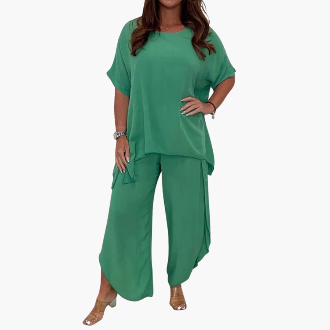 Women's loose two-piece set wide-leg pants round neckline elastic waist summer comfort style