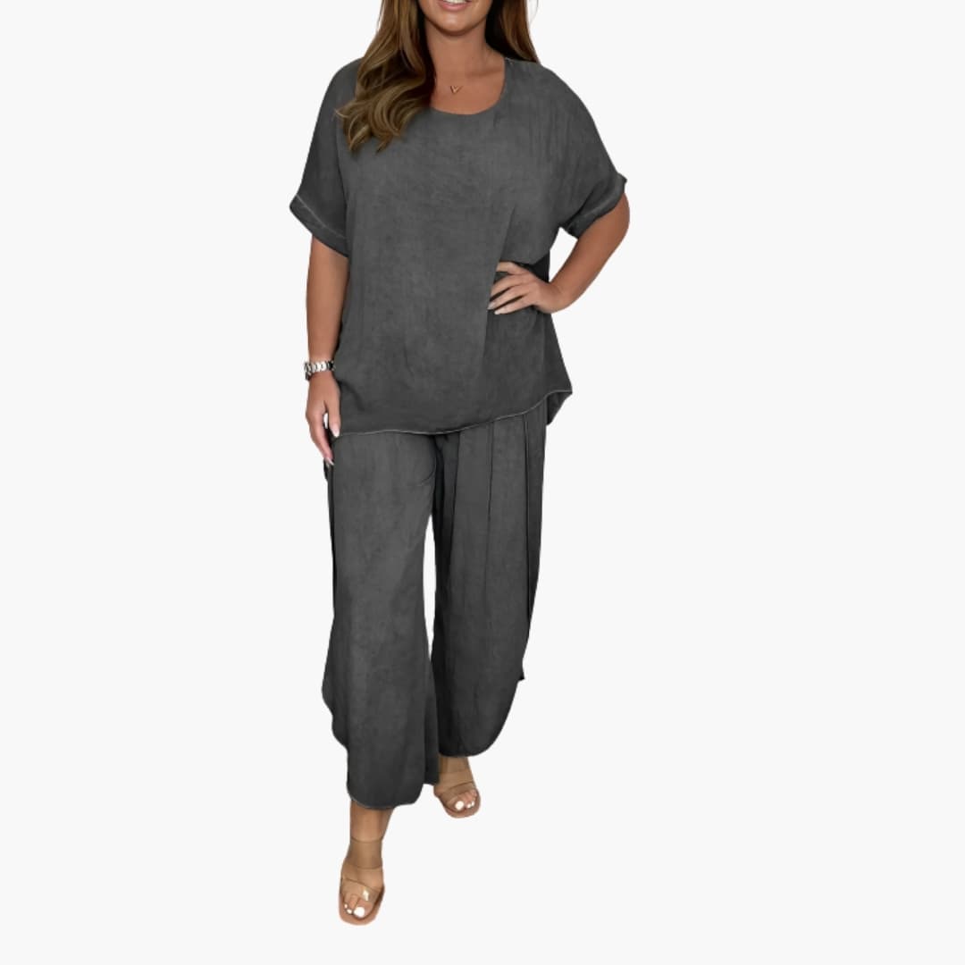 Women's loose two-piece set wide-leg pants short sleeves elastic waist casual summer outfit