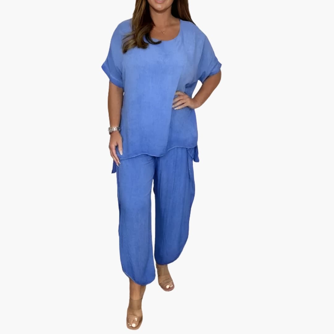 Women's loose two-piece set wide-leg pants round neck short sleeves elastic waist summer comfort style