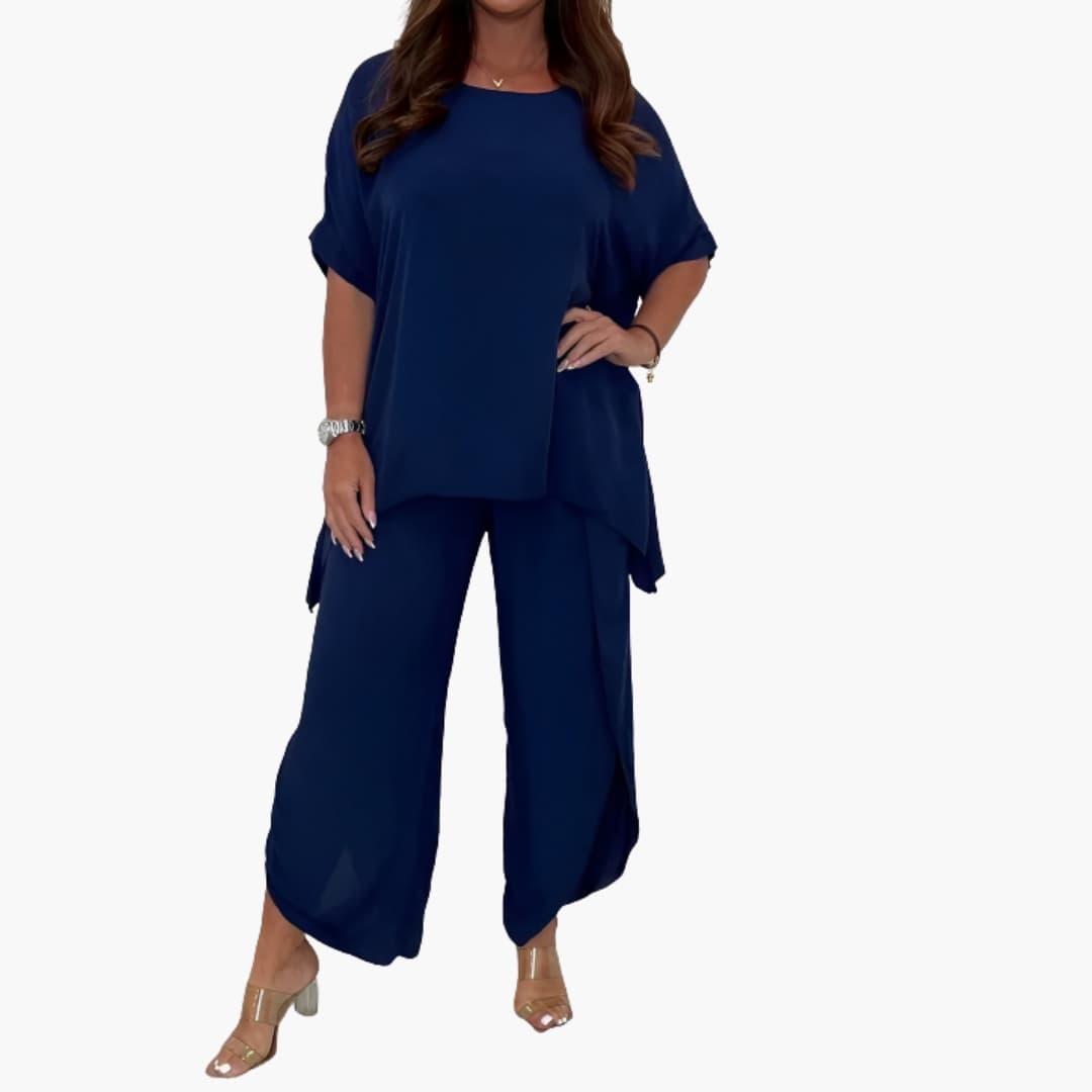 Women's loose two-piece set wide-leg pants round neckline elastic waist summer comfort style