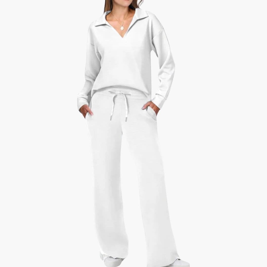 Women's two-piece lounge set V-neck top loose drawstring pants casual workwear comfort style