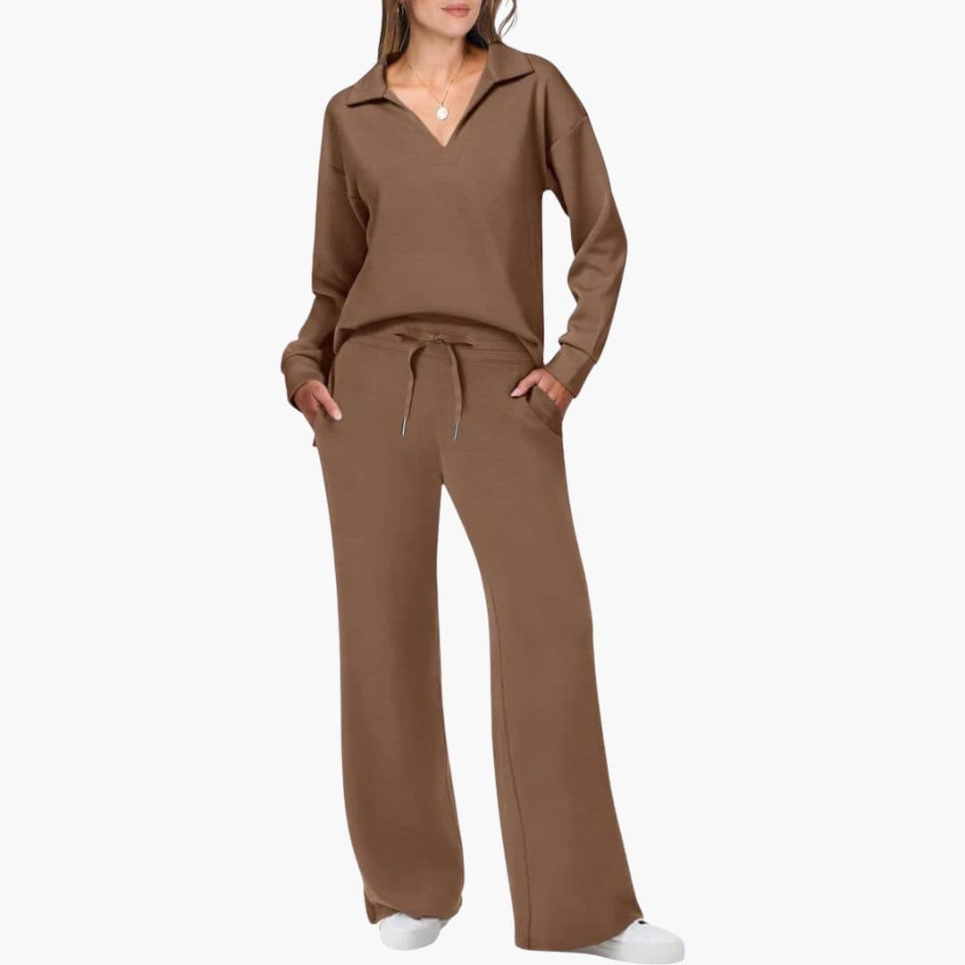 Women's beige V-neck top and drawstring pants two-piece set with relaxed fit for home and work