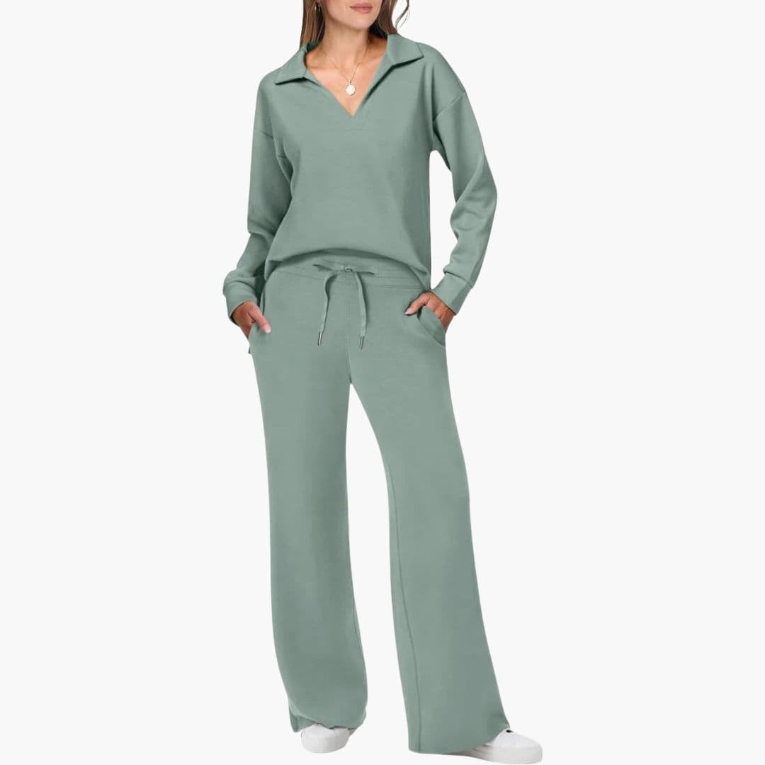 Women's two-piece set V-neck collared top and loose drawstring pants versatile home-to-work comfort