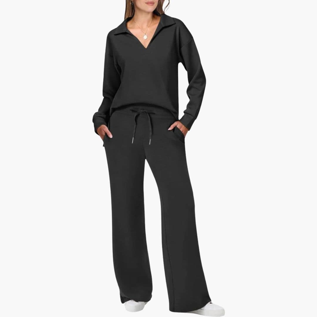 Women's two-piece set V-neck collared top loose drawstring pants casual workwear comfort loungewear