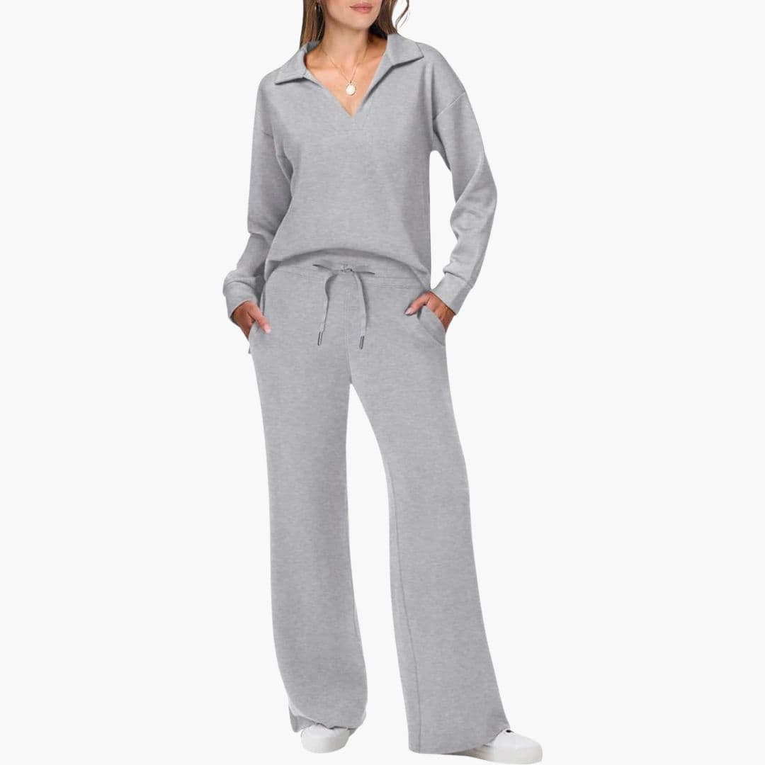 Women's V-neck long sleeve top and drawstring pants two-piece set in relaxed lounge-to-work style